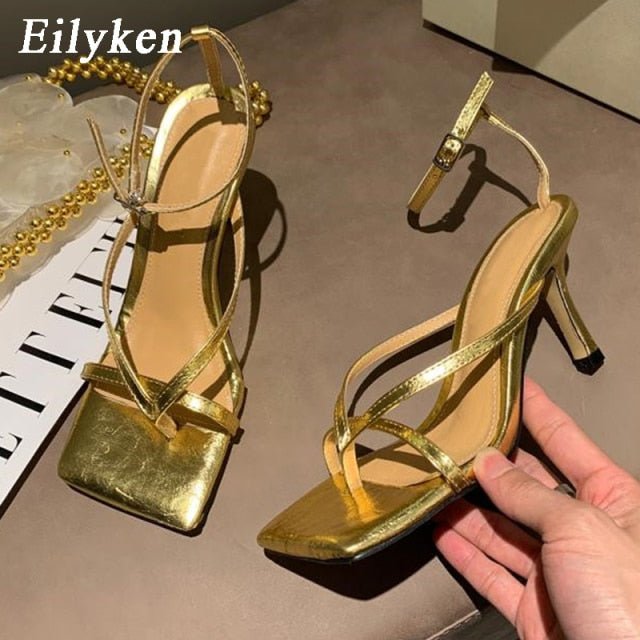 EILYKEN Gladiator Style Square Open Toe Ankle Buckle Thin High Heel Shoes - My She Shop