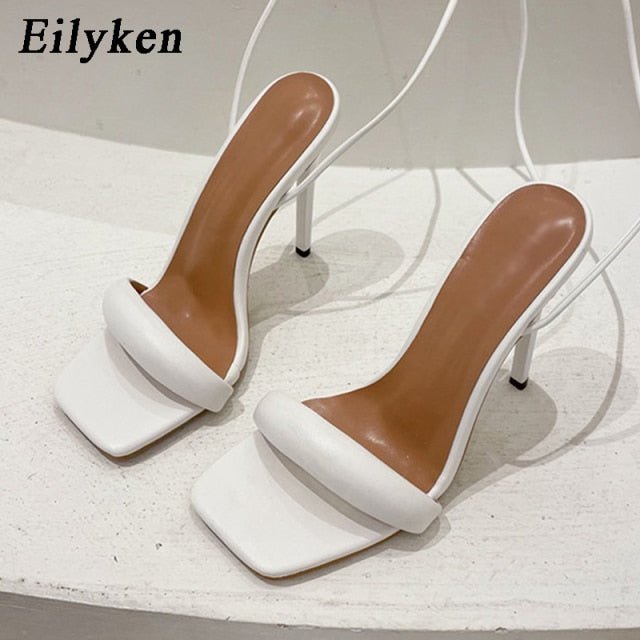 EILYKEN Peek-a-Boo Square Open Toe Ankle Tie Thin High Heel Shoes - My She Shop