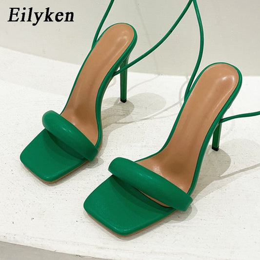 EILYKEN Peek-a-Boo Square Open Toe Ankle Tie Thin High Heel Shoes - My She Shop