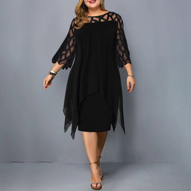 Elegant Chiffon Hollow Out Lace 3/4 Sleeve Plus Size Dress - My She Shop