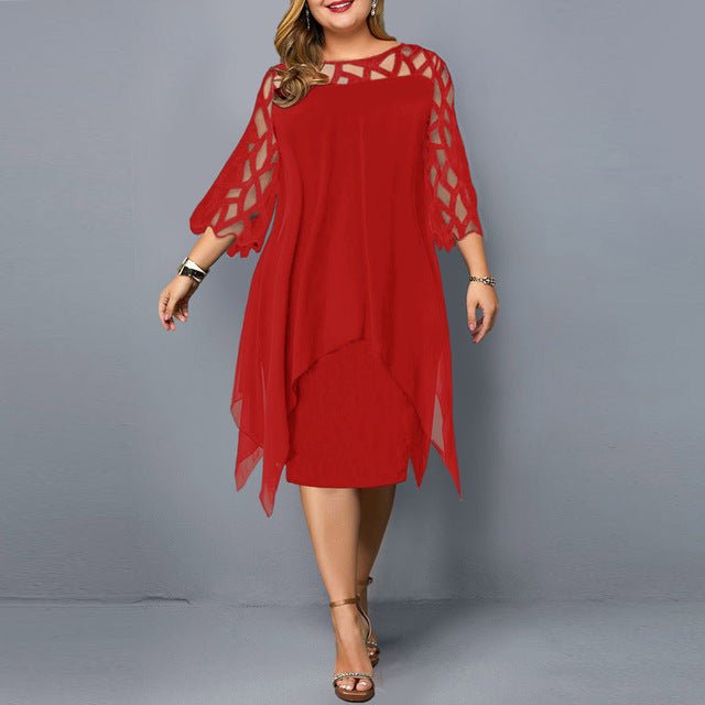 Elegant Chiffon Hollow Out Lace 3/4 Sleeve Plus Size Dress - My She Shop