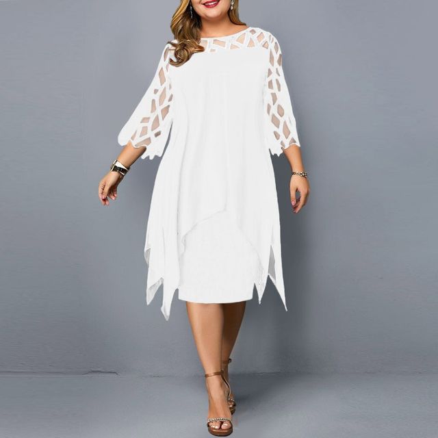 Elegant Chiffon Hollow Out Lace 3/4 Sleeve Plus Size Dress - My She Shop