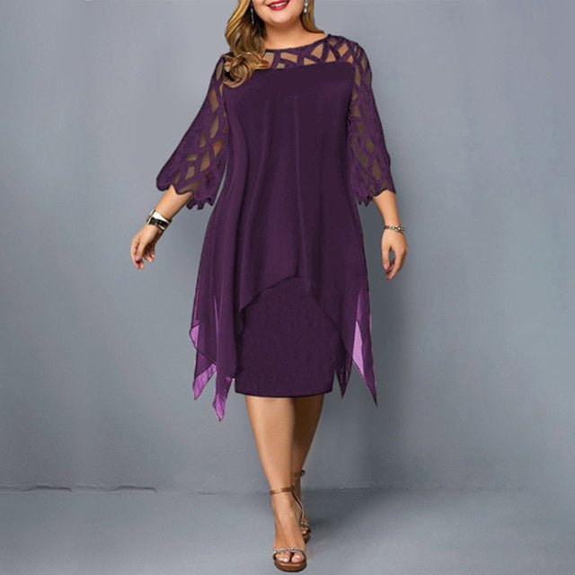 Elegant Chiffon Hollow Out Lace 3/4 Sleeve Plus Size Dress - My She Shop