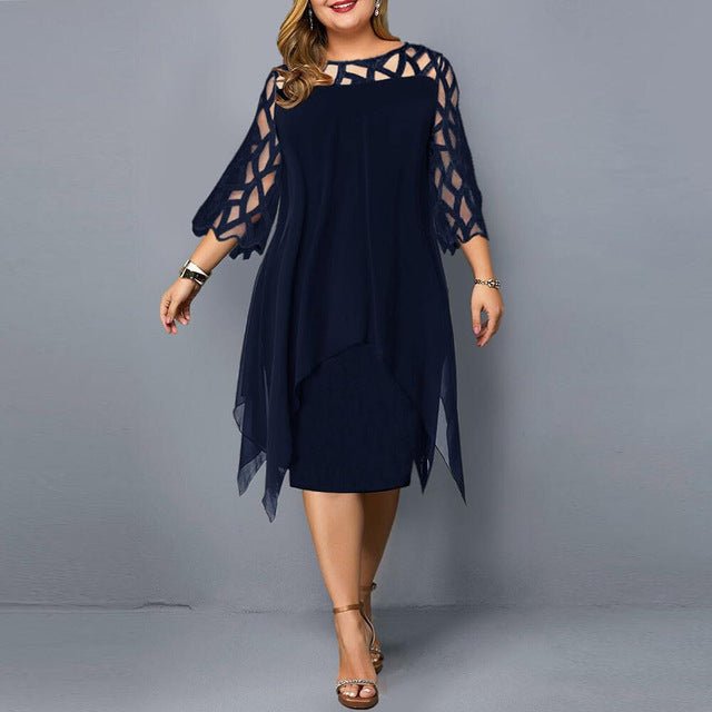 Elegant Chiffon Hollow Out Lace 3/4 Sleeve Plus Size Dress - My She Shop