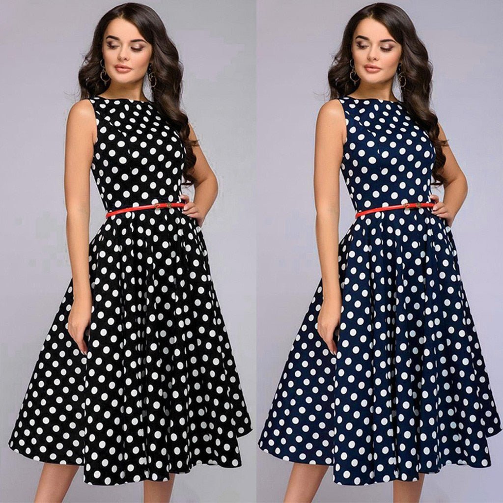 Elegant Polka Dot Print Sleeveless Flared Dress - My She Shop