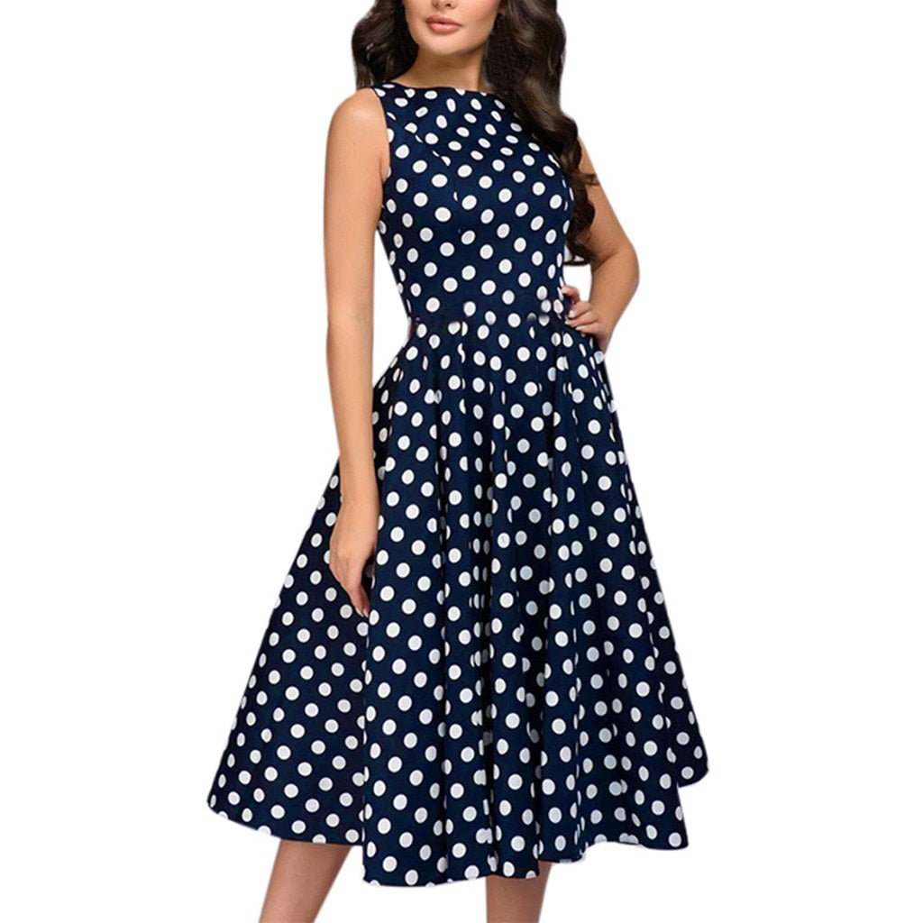 Elegant Polka Dot Print Sleeveless Flared Dress - My She Shop