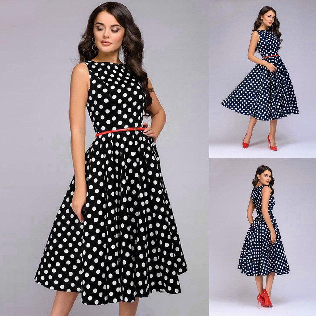 Elegant Polka Dot Print Sleeveless Flared Dress - My She Shop