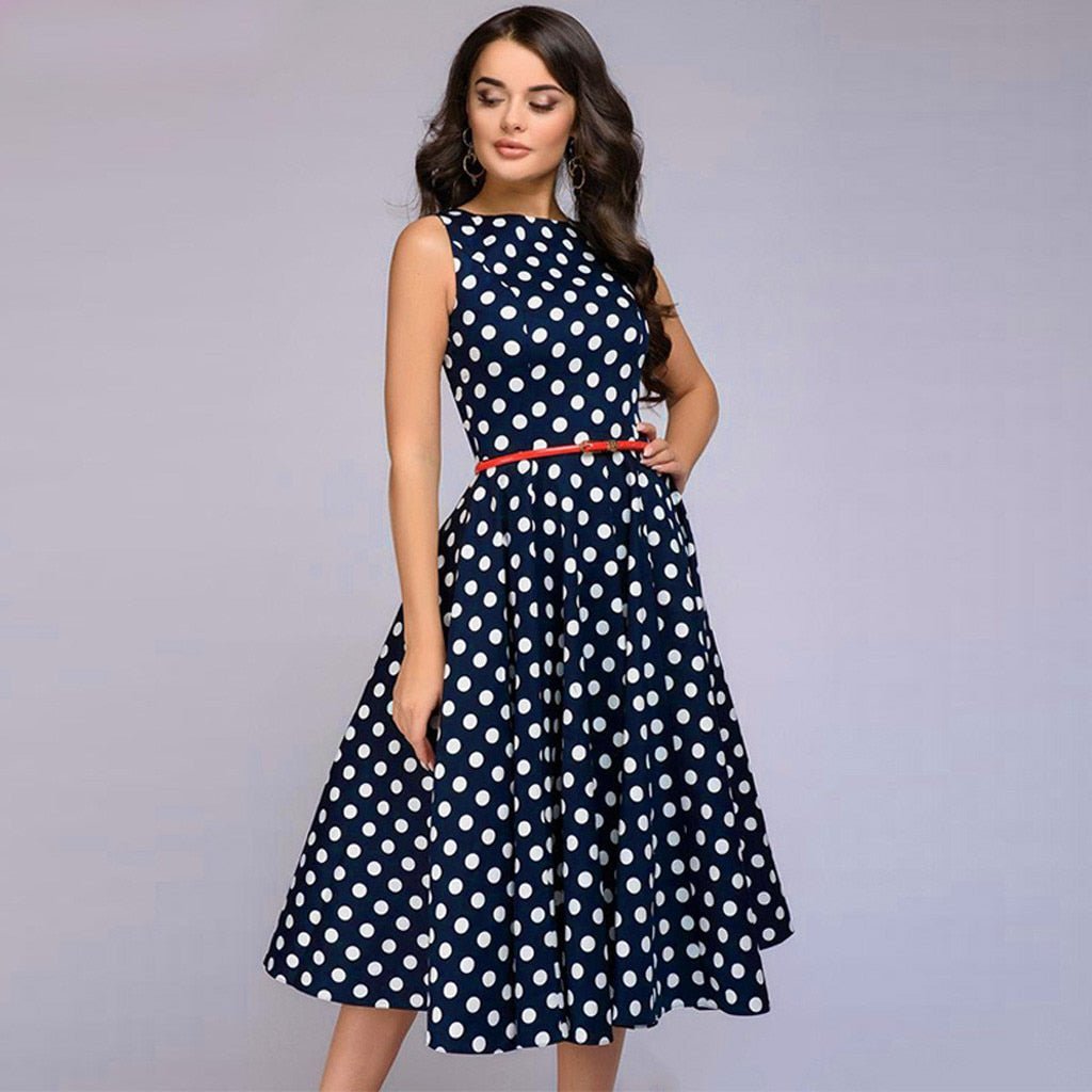 Elegant Polka Dot Print Sleeveless Flared Dress - My She Shop