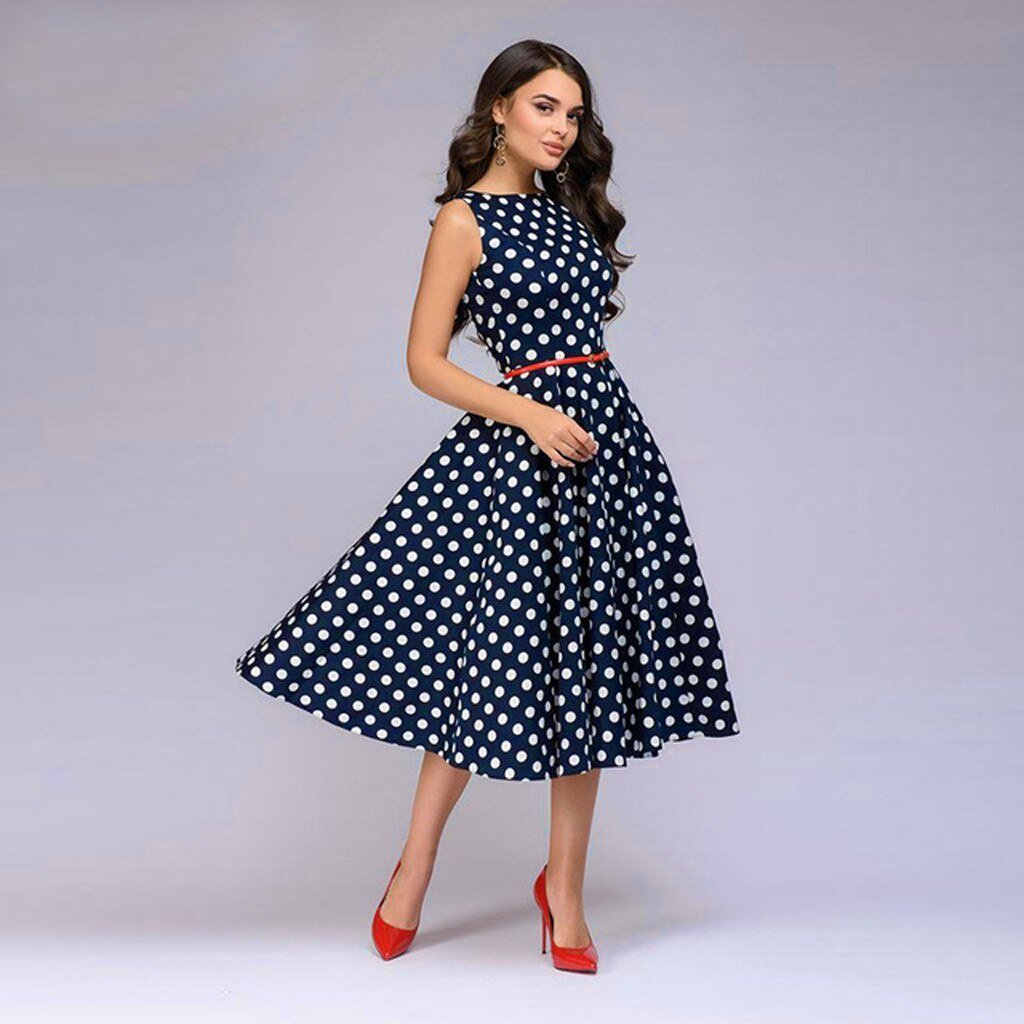 Elegant Polka Dot Print Sleeveless Flared Dress - My She Shop