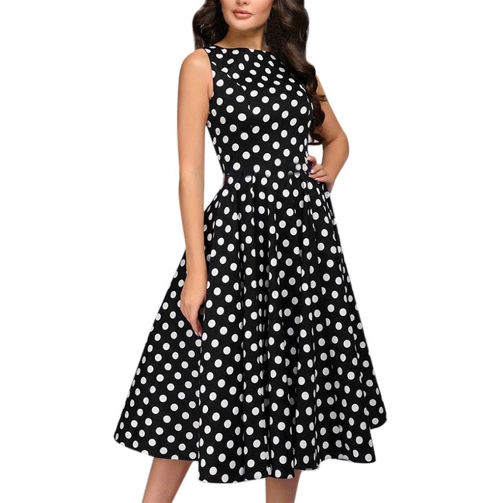 Elegant Polka Dot Print Sleeveless Flared Dress - My She Shop