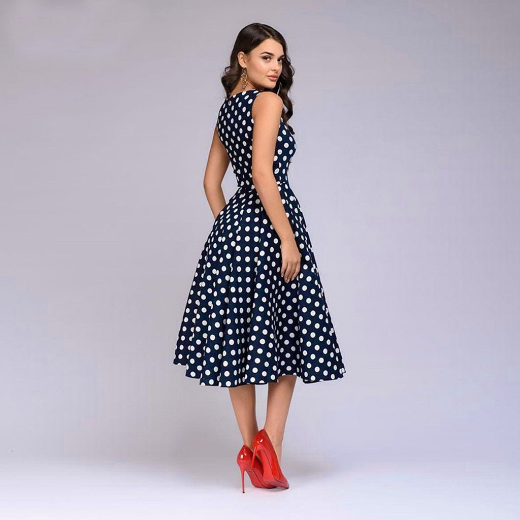 Elegant Polka Dot Print Sleeveless Flared Dress - My She Shop