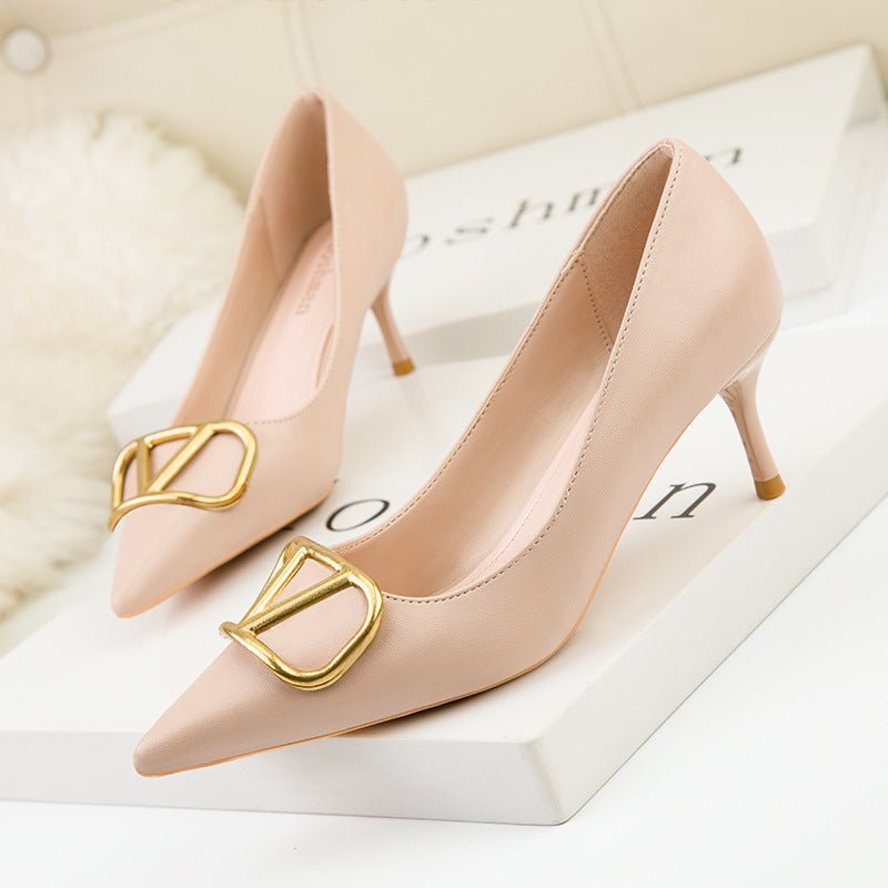 ELOSHMAN Stiletto Pointed Toe Thin metal V-Buckle Medium to High Heel Shoes - My She Shop