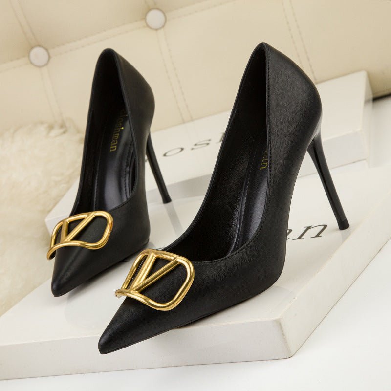 ELOSHMAN Stiletto Pointed Toe Thin metal V-Buckle Medium to High Heel Shoes - My She Shop