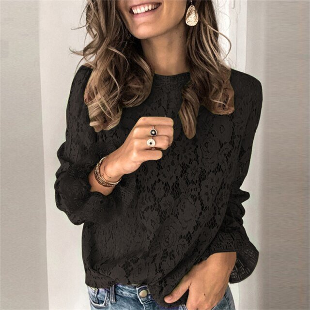 ELSVIOS Elegant Lace Floral Lace O-Neck Flare Long Sleeve Blouse - My She Shop