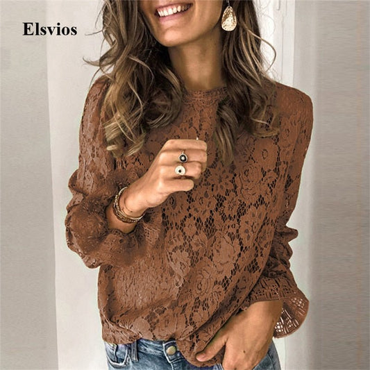 ELSVIOS Elegant Lace Floral Lace O-Neck Flare Long Sleeve Blouse - My She Shop