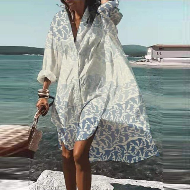 ELSVIOS Energizing Long Sleeve Button Down Befree Beach Cruise Dress - My She Shop