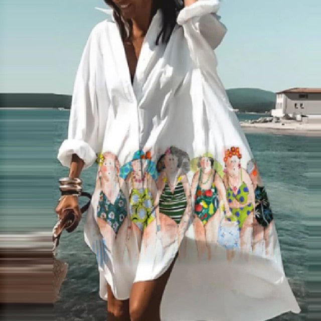 ELSVIOS Energizing Long Sleeve Button Down Befree Beach Cruise Dress - My She Shop