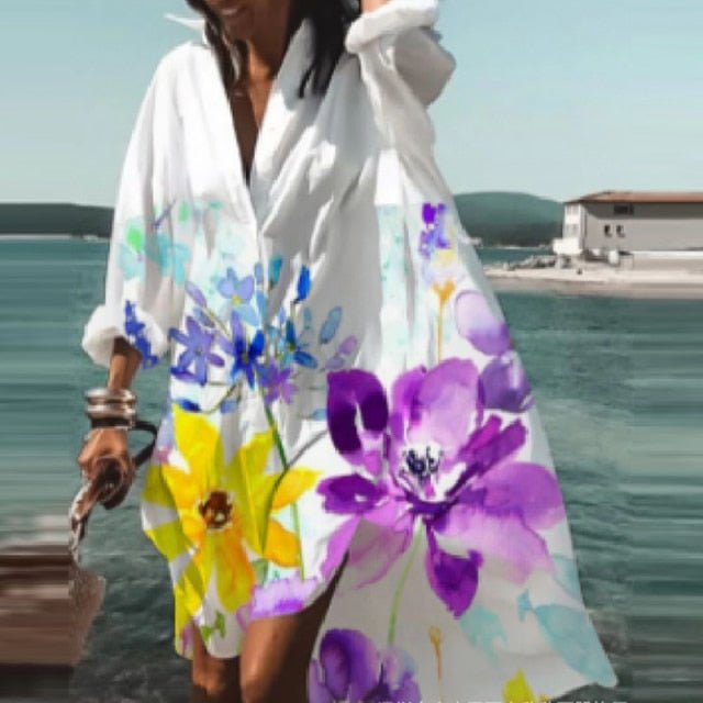 ELSVIOS Energizing Long Sleeve Button Down Befree Beach Cruise Dress - My She Shop