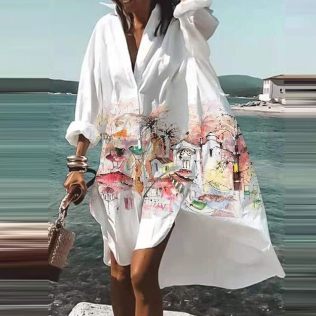 ELSVIOS Energizing Long Sleeve Button Down Befree Beach Cruise Dress - My She Shop