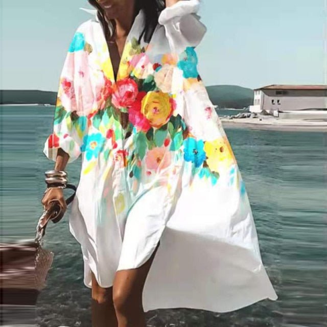 ELSVIOS Energizing Long Sleeve Button Down Befree Beach Cruise Dress - My She Shop