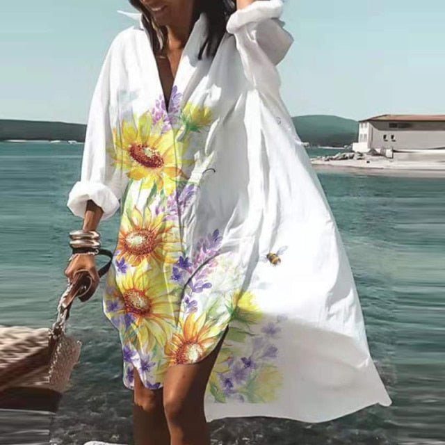 ELSVIOS Energizing Long Sleeve Button Down Befree Beach Cruise Dress - My She Shop