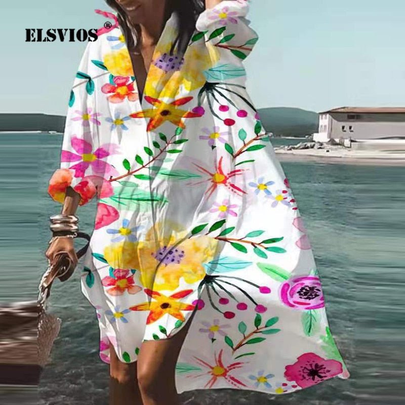 ELSVIOS Energizing Long Sleeve Button Down Befree Beach Cruise Dress - My She Shop