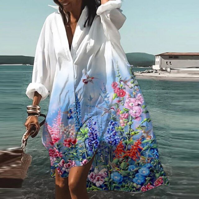 ELSVIOS Energizing Long Sleeve Button Down Befree Beach Cruise Dress - My She Shop