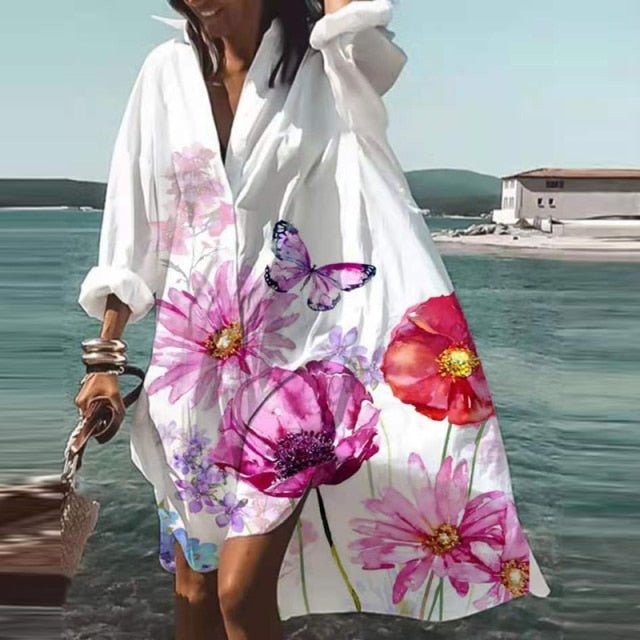 ELSVIOS Energizing Long Sleeve Button Down Befree Beach Cruise Dress - My She Shop