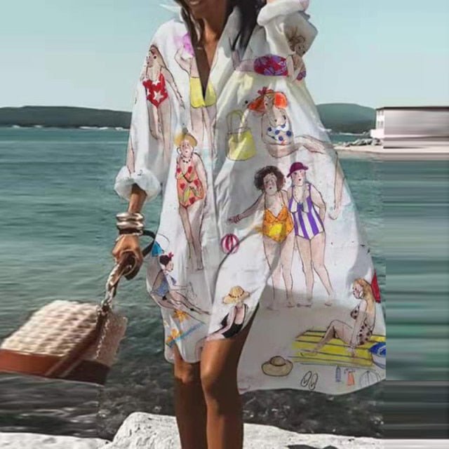 ELSVIOS Energizing Long Sleeve Button Down Befree Beach Cruise Dress - My She Shop