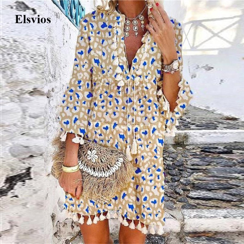 ELSVIOS Exquisite V-Neck Tassel Multi-Choice Vibrant Print 3/4 Sleeve Beach Cruise Dress - My She Shop