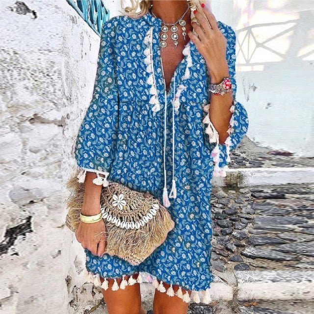 ELSVIOS Exquisite V-Neck Tassel Multi-Choice Vibrant Print 3/4 Sleeve Beach Cruise Dress - My She Shop