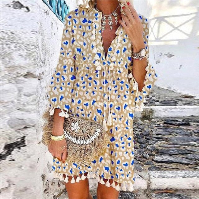 ELSVIOS Exquisite V-Neck Tassel Multi-Choice Vibrant Print 3/4 Sleeve Beach Cruise Dress - My She Shop