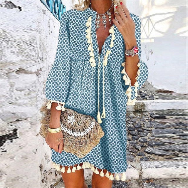 ELSVIOS Exquisite V-Neck Tassel Multi-Choice Vibrant Print 3/4 Sleeve Beach Cruise Dress - My She Shop