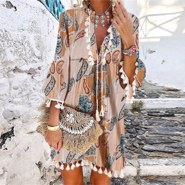 ELSVIOS Exquisite V-Neck Tassel Multi-Choice Vibrant Print 3/4 Sleeve Beach Cruise Dress - My She Shop