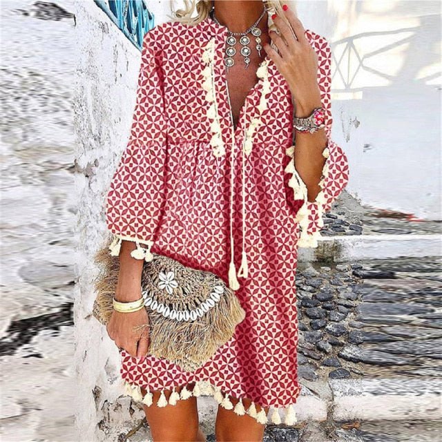 ELSVIOS Exquisite V-Neck Tassel Multi-Choice Vibrant Print 3/4 Sleeve Beach Cruise Dress - My She Shop