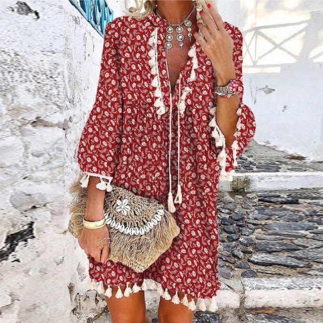 ELSVIOS Exquisite V-Neck Tassel Multi-Choice Vibrant Print 3/4 Sleeve Beach Cruise Dress - My She Shop