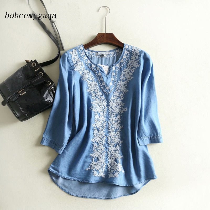 Embroidery Soft Denim V-Neck Pull-Over Blouse - My She Shop