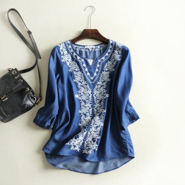 Embroidery Soft Denim V-Neck Pull-Over Blouse - My She Shop