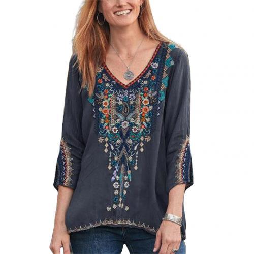 Fabulous Floral Embroidery Three Quarter Sleeve Befree Shirt - My She Shop