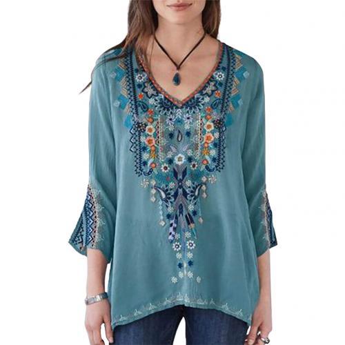 Fabulous Floral Embroidery Three Quarter Sleeve Befree Shirt - My She Shop