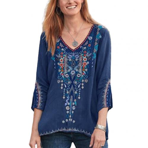 Fabulous Floral Embroidery Three Quarter Sleeve Befree Shirt - My She Shop