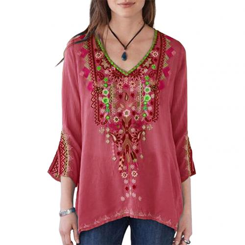 Fabulous Floral Embroidery Three Quarter Sleeve Befree Shirt - My She Shop