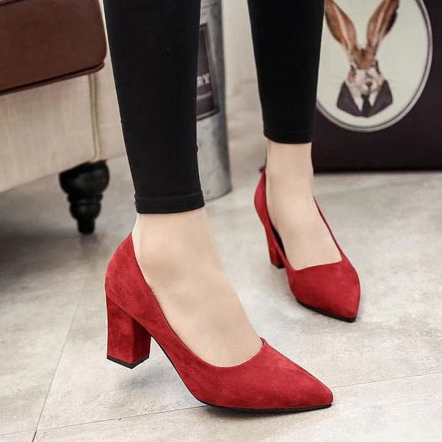 Fantastic Faux Suede Pointed Shallow Toe Square Heel Shoes - My She Shop