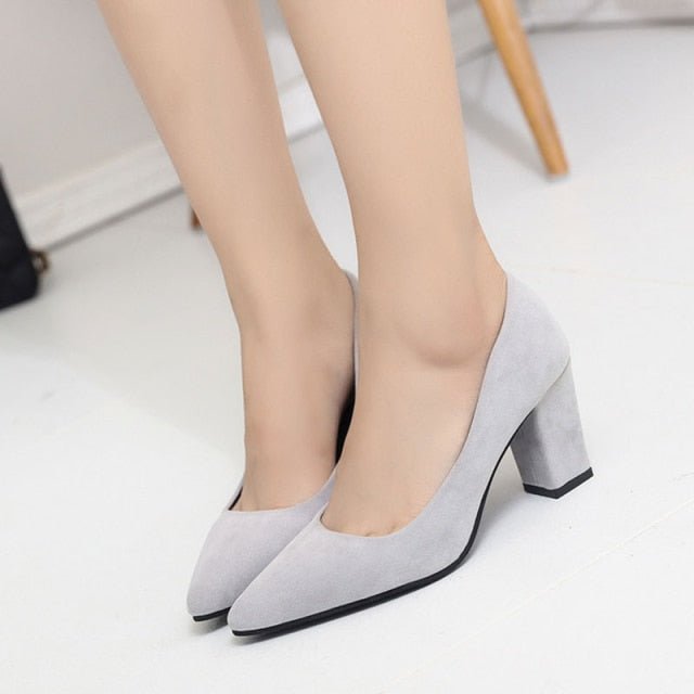 Fantastic Faux Suede Pointed Shallow Toe Square Heel Shoes - My She Shop