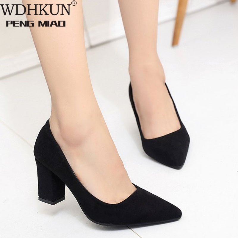 Fantastic Faux Suede Pointed Shallow Toe Square Heel Shoes - My She Shop