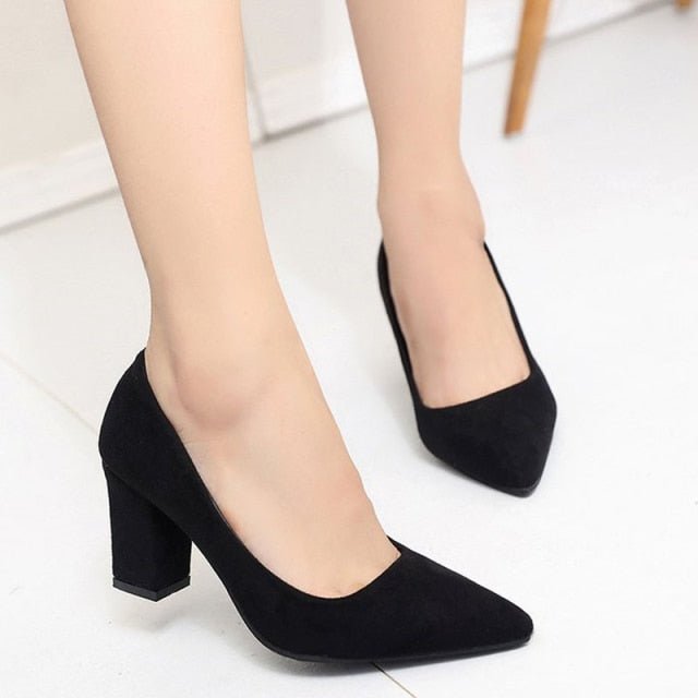 Fantastic Faux Suede Pointed Shallow Toe Square Heel Shoes - My She Shop