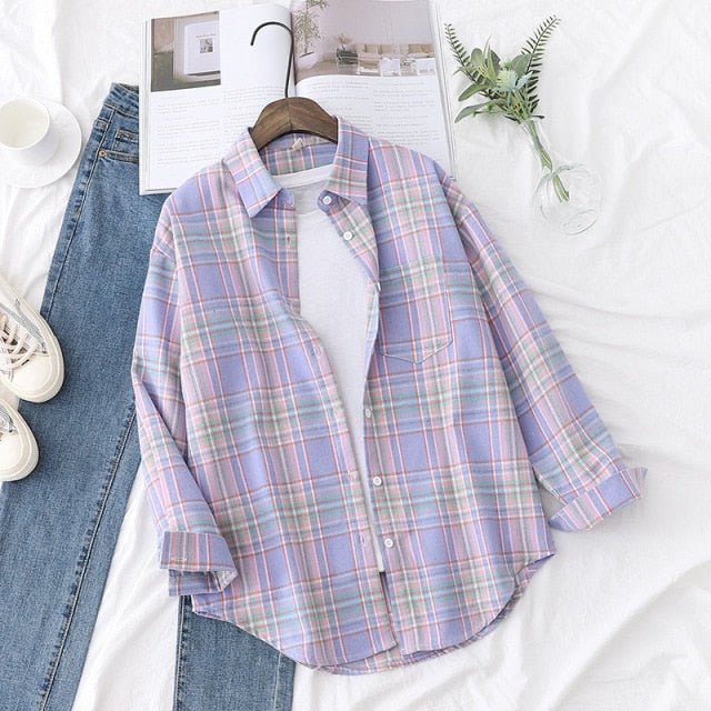 FEKEHA Cotton-Poly Blend Button Down Long Sleeve Plaid Shirt - My She Shop