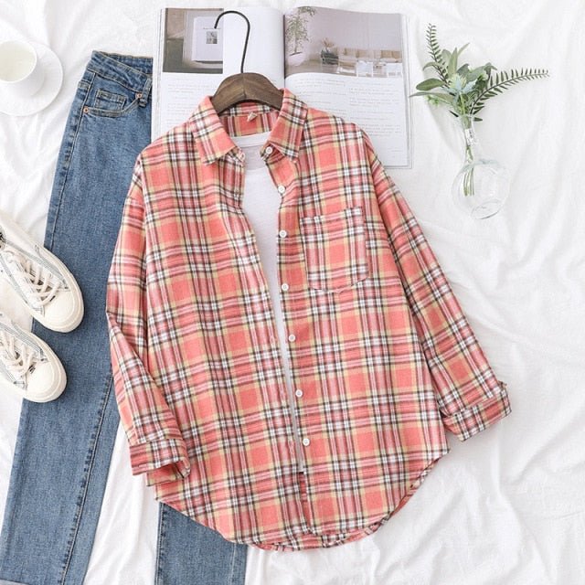 FEKEHA Cotton-Poly Blend Button Down Long Sleeve Plaid Shirt - My She Shop