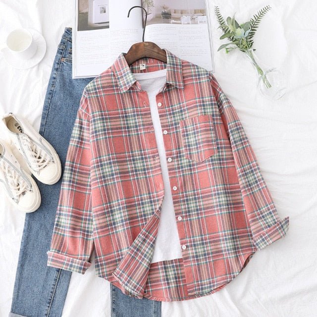 FEKEHA Cotton-Poly Blend Button Down Long Sleeve Plaid Shirt - My She Shop