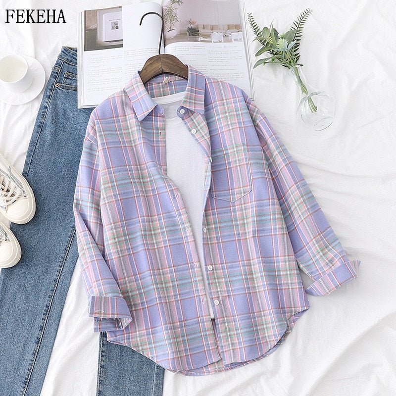 FEKEHA Cotton-Poly Blend Button Down Long Sleeve Plaid Shirt - My She Shop